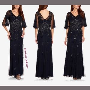 NWT $349 Adrianna Papell Floral Beaded‎ Gown Flutter Sleeves Midnight [SZ 0 ]